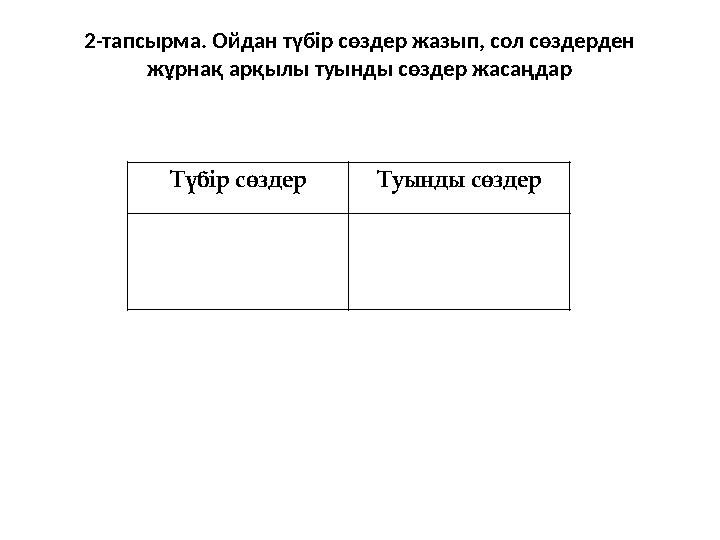 2-тапсырма. Ойдан түбір сөздер жазып, сол сөздерден жұрнақ арқылы туынды сөздер жасаңдар Түбір сөздер Туынды сөздер