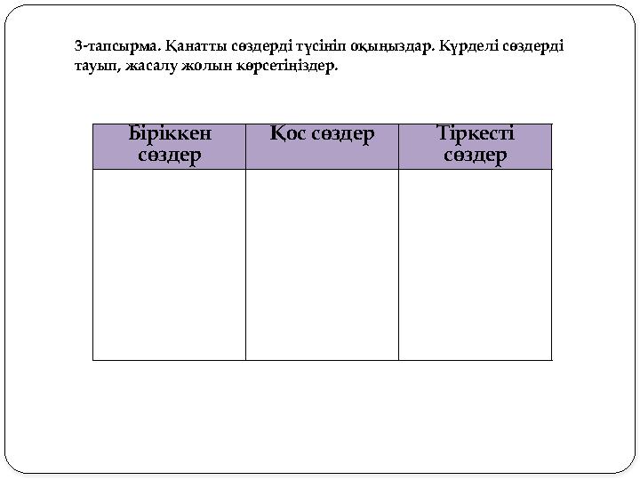 Біріккен сөздер Қос сөздер Тіркесті сөздер 3-тапсырма. Қанатты сөздерді түсініп оқыңыздар. Күрделі сөздерді тауып, жасалу жол