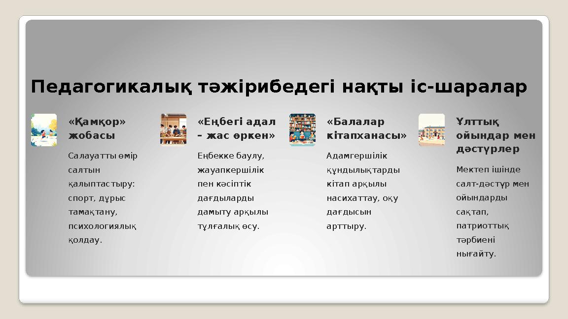 Педагогикалық тәжірибедегі нақты іс-шаралар «Қамқор» жобасы Салауатты өмір салтын қалыптастыру: спорт, дұрыс тамақтану, пс