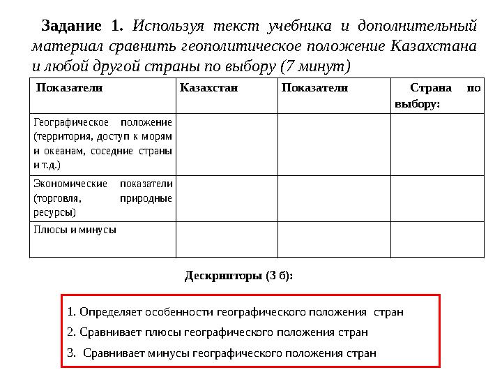 Задание 1. Используя текст учебника и дополнительный материал сравнить геополитическое положение Казахстана и любой другой ст