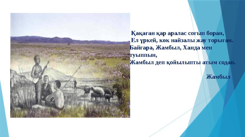 Қақаған қар аралас соғып боран, Ел үркей, көк найзалы жау торыған. Байғара, Жамбыл, Ханда мен туыппын, Жамбыл деп қойылыпты а