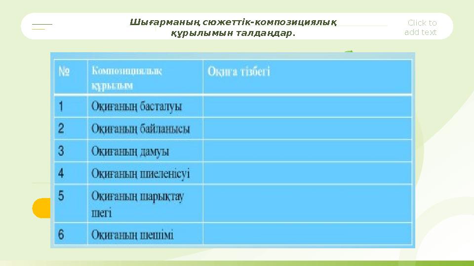 Click to add text Click to add text Шығарманың сюжеттік-композициялық құрылымын талдаңдар.