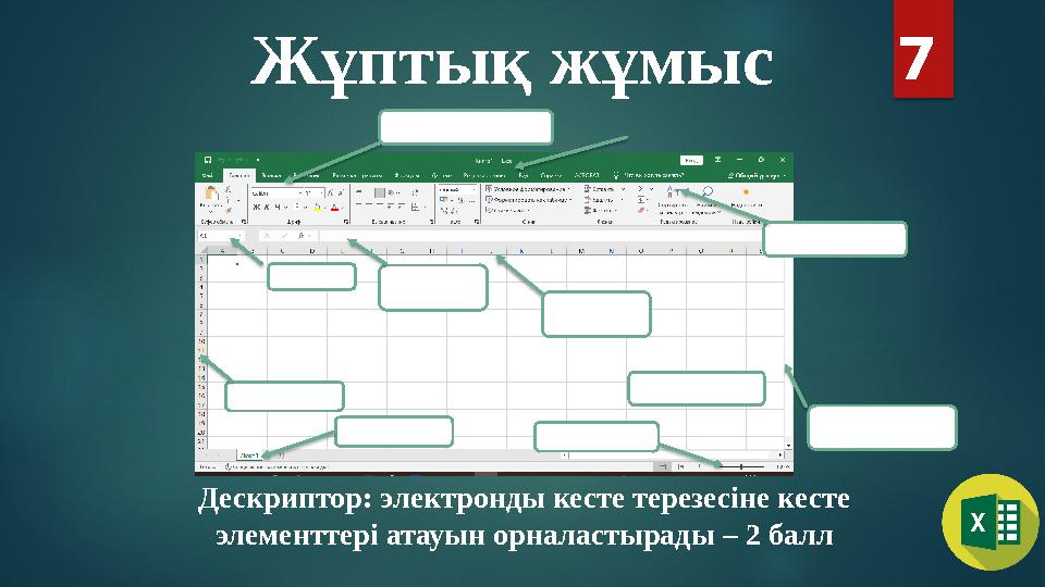 Жұптық жұмыс 7 Дескриптор: электронды кесте терезесіне кесте элементтері атауын орналастырады – 2 балл