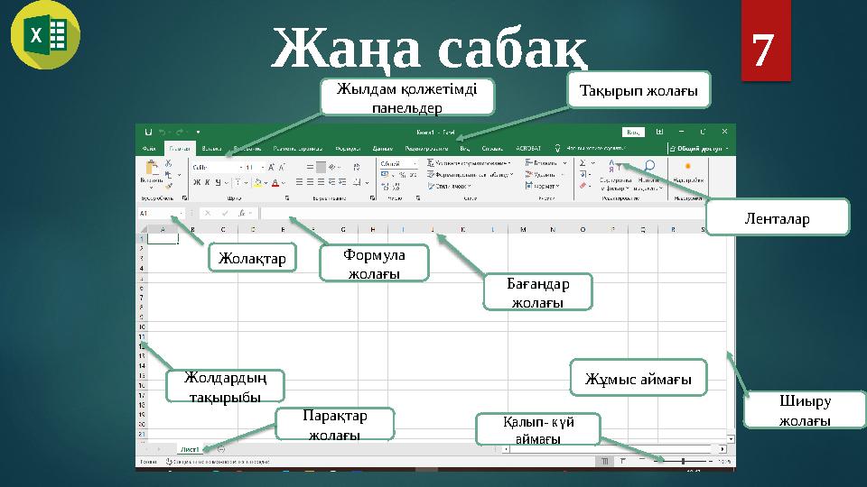 Жаңа сабақ 7 Тақырып жолағы Шиыру жолағы Жылдам қолжетімді панельдер Жолақтар Формула жолағы Жолдардың тақырыбы Бағандар ж