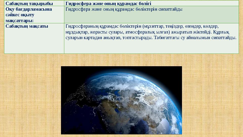 Сабақтың тақырыбы Гидросфера және оның құрамдас бөлігі Оқу бағдарламасына сәйкес оқыту мақсаттары: Гидросфера және оның құрамд