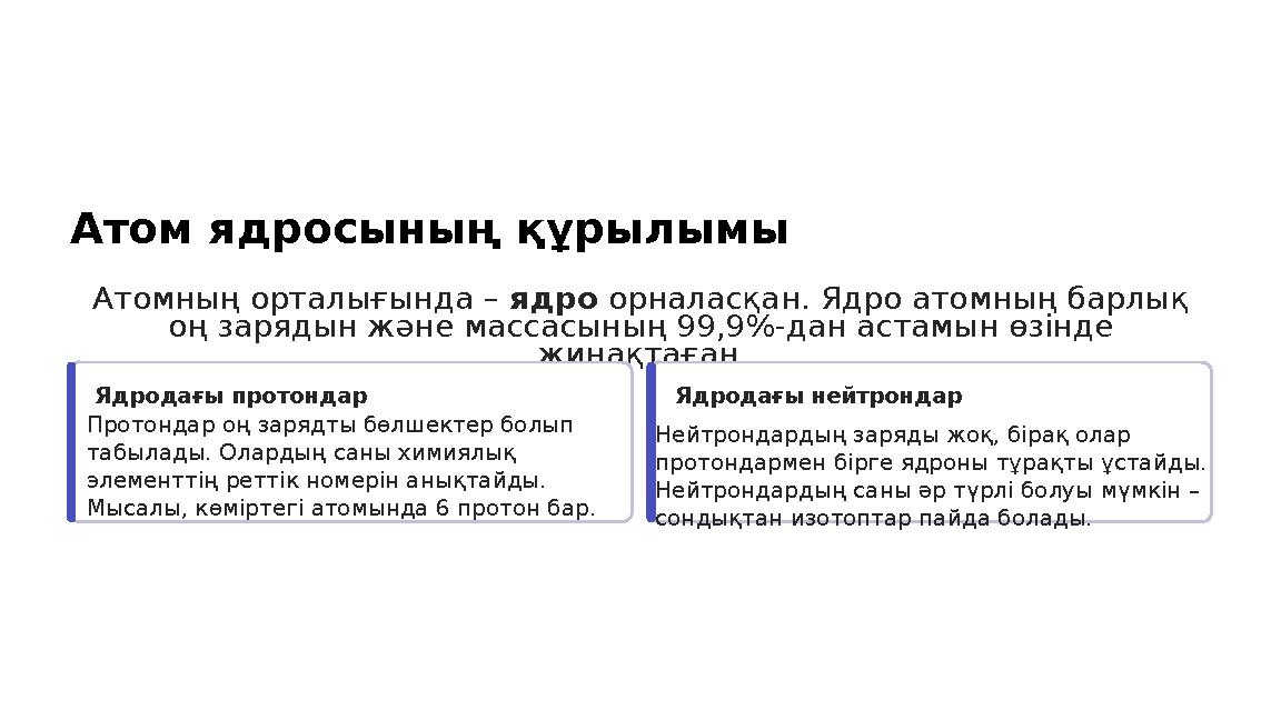 Атом ядросының құрылымы Атомның орталығында – ядро орналасқан. Ядро атомның барлық оң зарядын және массасының 99,9%-дан астамын