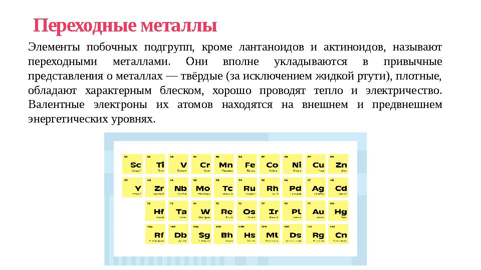 Переходные металлы Элементы побочных подгрупп, кроме лантаноидов и актиноидов, называют переходными металлами. Они вполне уклад