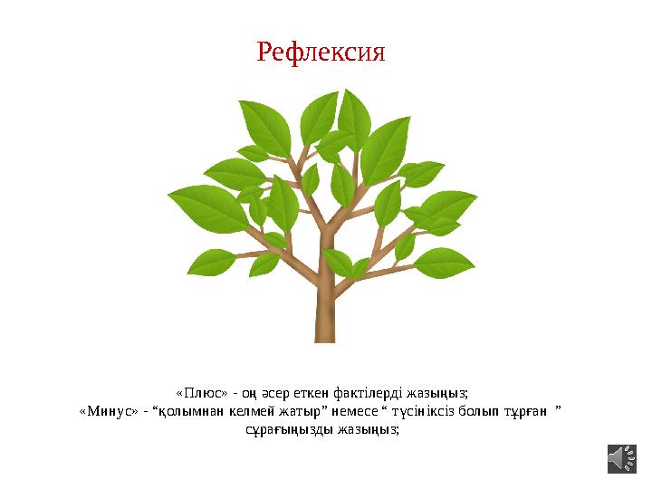 Рефлексия «Плюс» - оң әсер еткен фактілерді жазыңыз; «Минус» - “қолымнан келмей жатыр” немесе “ түсініксіз болып тұрған ” сұ