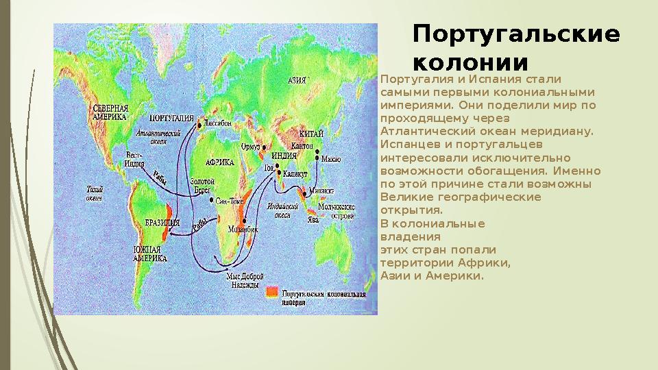 Португалия и Испания стали самыми первыми колониальными империями. Они поделили мир по проходящему через Атлантический океан