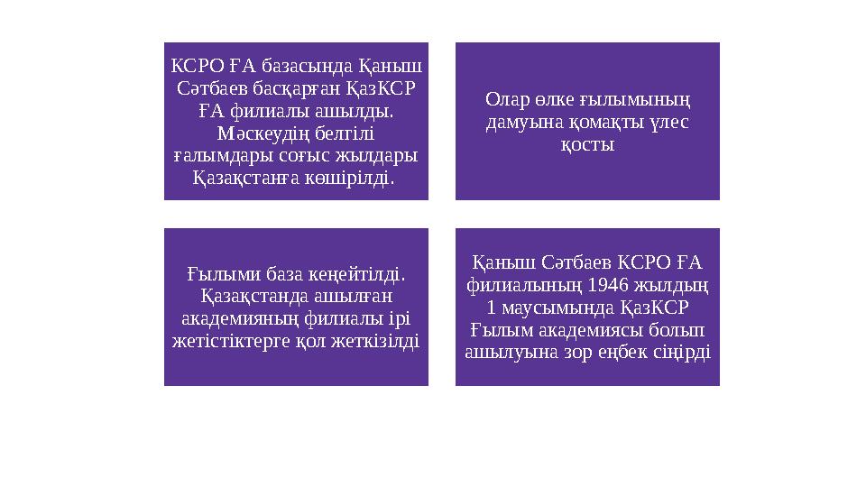 КСРО ҒА базасында Қаныш Сәтбаев басқарған ҚазКСР ҒА филиалы ашылды. Мәскеудің белгілі ғалымдары соғыс жылдары Қазақстанға к