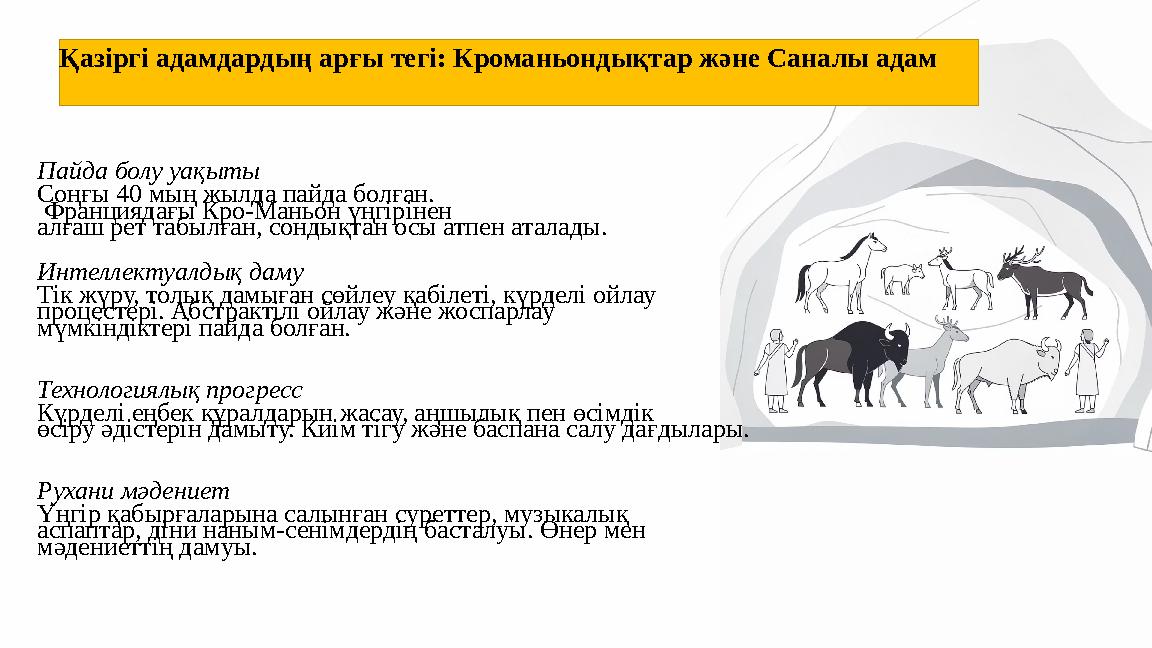 Қазіргі адамдардың арғы тегі: Кроманьондықтар және Саналы адам Пайда болу уақыты Соңғы 40 мың жылда пайда болған. Франциядағы К