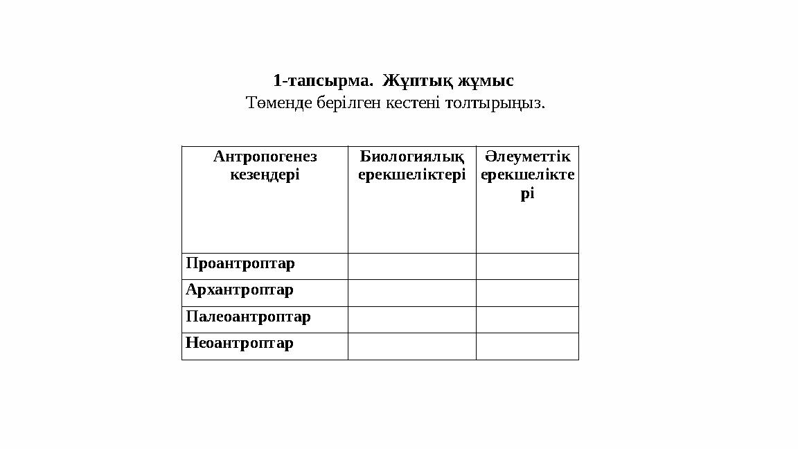 1-тапсырма. Жұптық жұмыс Төменде берілген кестені толтырыңыз. Антропогенез кезеңдері Биологиялық ерекшеліктері Әлеуметтік е