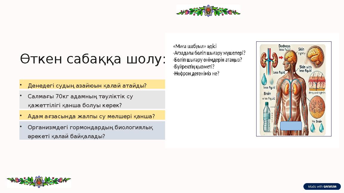 Өткен сабаққа шолу: •Денедегі судың азайюын қалай атайды? •Салмағы 70кг адамның тәуліктік су қажеттілігі қанша болуы керек? •Ад