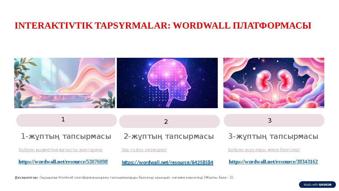 INTERAKTIVTIK TAPSYRMALAR: WORDWALL ПЛАТФОРМАСЫ 1 1-жұптың тапсырмасы Бүйрек қызметіне қатысты викторина 2 2-жұптың тапсырмасы З