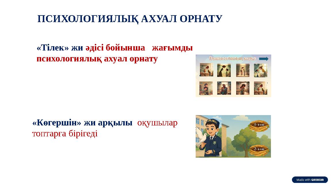 ПСИХОЛОГИЯЛЫҚ АХУАЛ ОРНАТУ «Тілек» жи әдісі бойынша жағымды психологиялық ахуал орнату «Көгершін» жи арқылы оқушылар топта