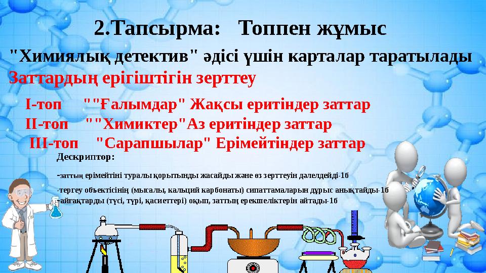 2.Тапсырма: Топпен жұмыс "Химиялық детектив" әдісі үшін карталар таратылады Заттардың ерігіштігін зерттеу I-топ ""Ғалымда