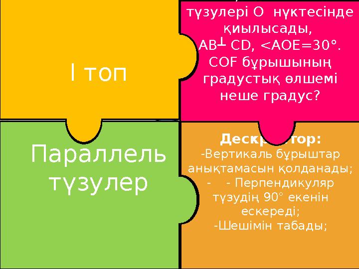 <EOD=<COF 30° 90°- 30°= 60° ? І топ Дескриптор: -Вертикаль бұрыштар анықтамасын қолданады; - - Перпендикуляр түзудің 90° ек
