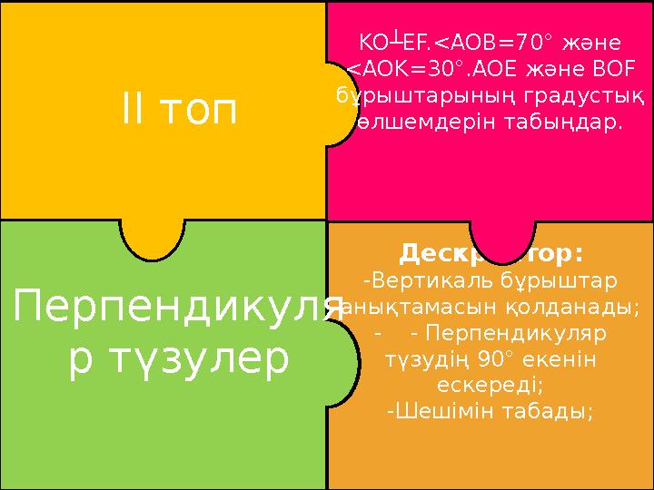 <AOE=90°- 30°=60° <BOF=90°- 40°=50° ІІ топ Дескриптор: -Вертикаль бұрыштар анықтамасын қолданады; - - Перпендикуляр түзудің