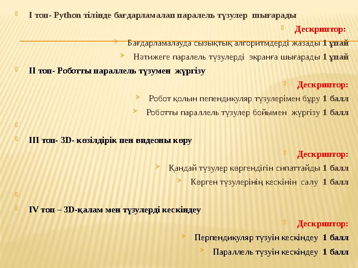 І топ- Python тілінде бағдарламалап паралель түзулер шығарады Дескриптор: Бағдарламалауда сызықтық алгоритмдерді жазады 1