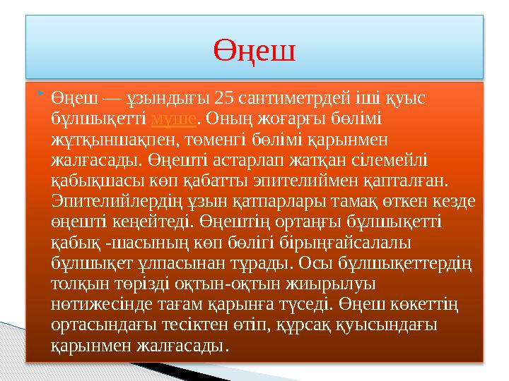  Өңеш — ұзындығы 25 сантиметрдей іші қуыс бұлшықетті мүше. Оның жоғарғы бөлімі жұтқыншақпен, төменгі бөлімі қарынмен жа