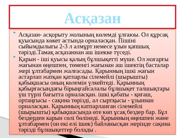  Асқазан- асқорыту жолының көлемді ұлғаюы. Ол құрсақ қуысында көкет астында орналасқан. Пішіні сыйымдылығы 2-3 л алмұрт