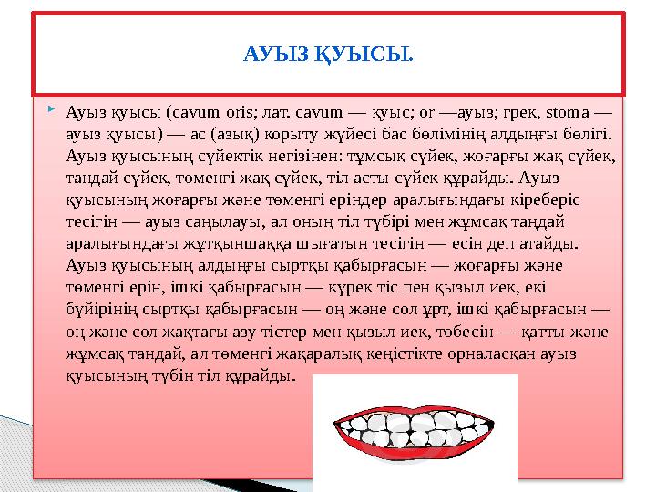 Ауыз қуысы (cavum oris; лат. cavum — қуыс; or —ауыз; грек, stoma — ауыз қуысы) — ас (азық) корыту жүйесі бас бөлімінің ал