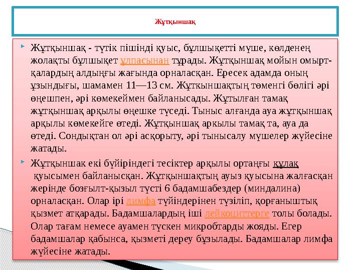 Жұтқыншақ - түтік пішінді қуыс, бұлшықетті мүше, көлденең жолақты бұлшықет ұлпасынан тұрады. Жұтқыншақ мойын омырт- қалар