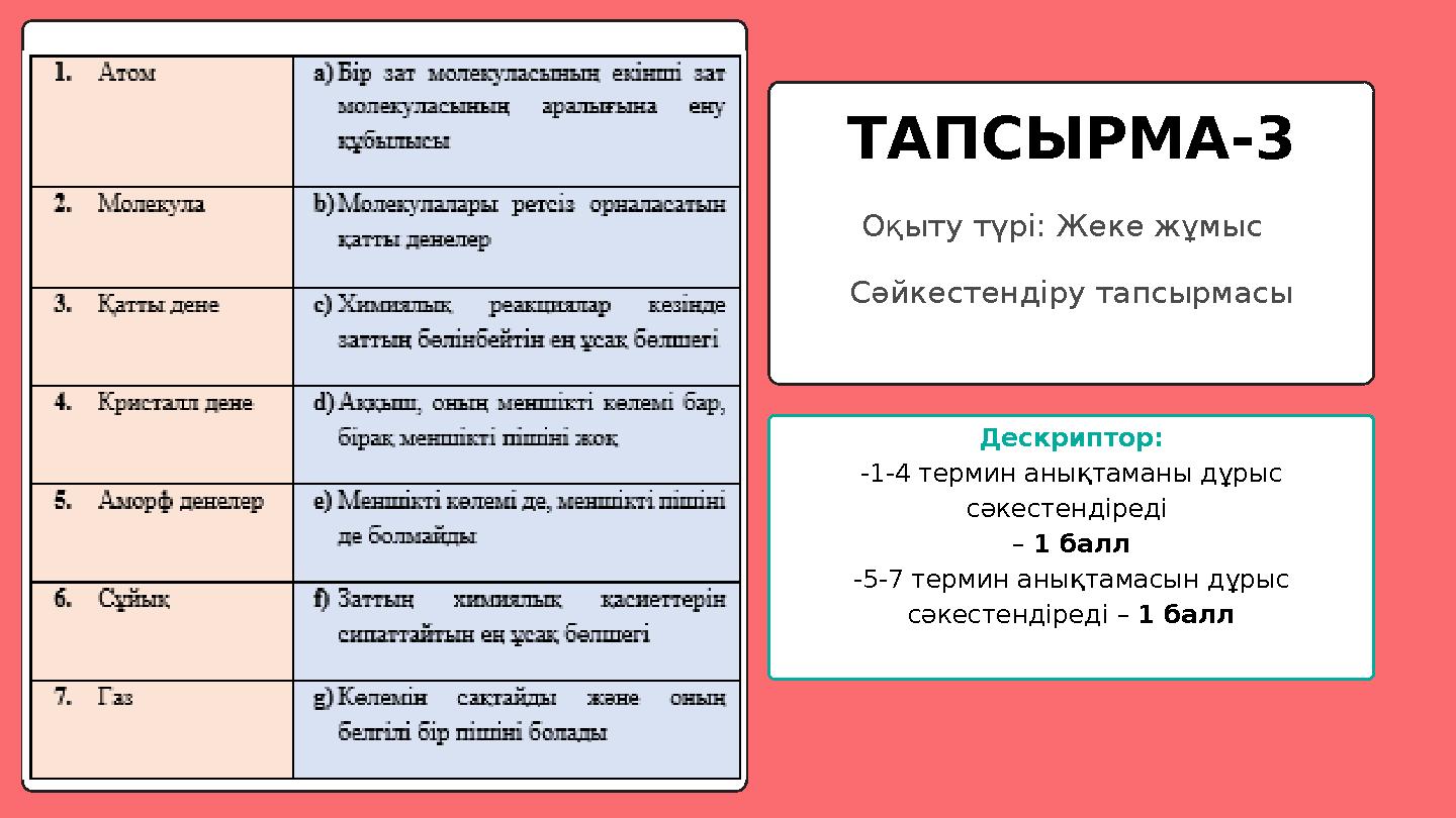 Дескриптор: -1-4 термин анықтаманы дұрыс сәкестендіреді – 1 балл -5-7 термин анықтамасын дұрыс сәкестендіреді – 1 балл Оқыту