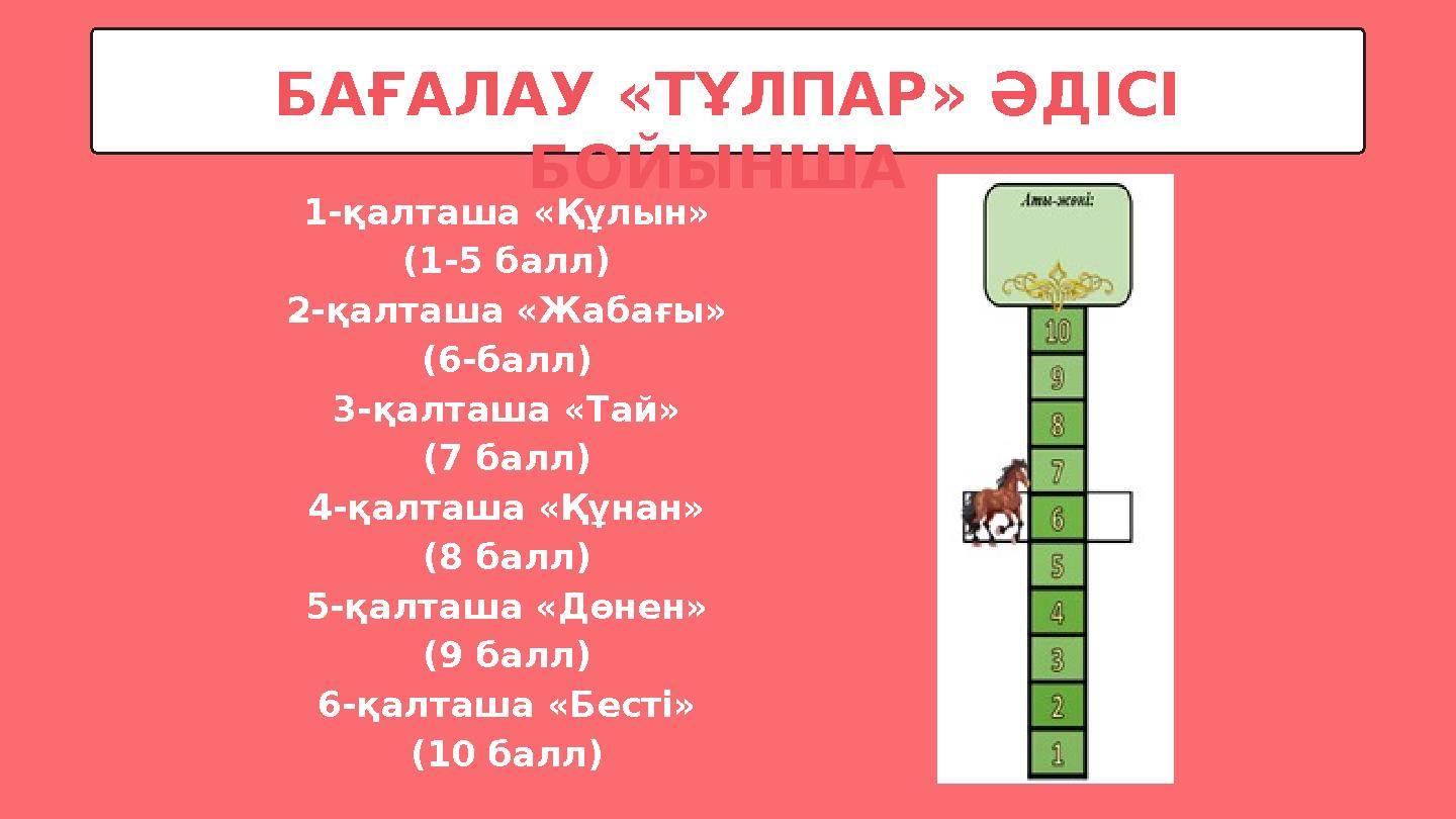 БАҒАЛАУ «ТҰЛПАР» ӘДІСІ БОЙЫНША 1-қалташа «Құлын» (1-5 балл) 2-қалташа «Жабағы» (6-балл) 3-қалташа «Тай» (7 балл) 4-қалташа «Құ