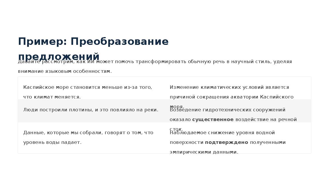 Пример: Преобразование предложений Давайте рассмотрим, как ИИ может помочь трансформировать обычную речь в научный стиль, уделя