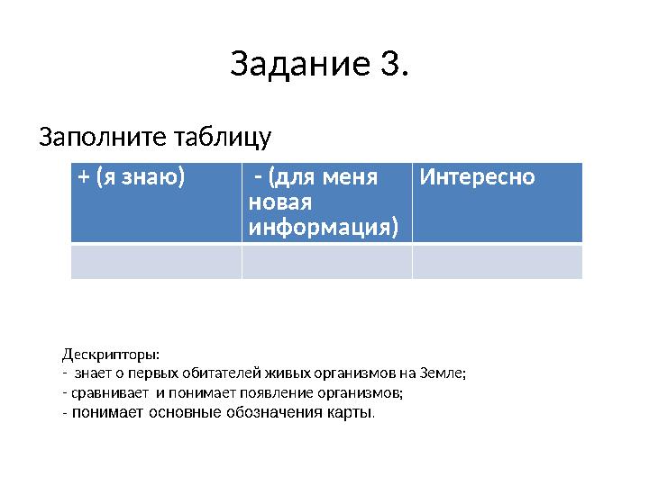 Задание 3. Заполните таблицу + (я знаю) - (для меня новая информация) Интересно Дескрипторы: - знает о первых обитателей жи