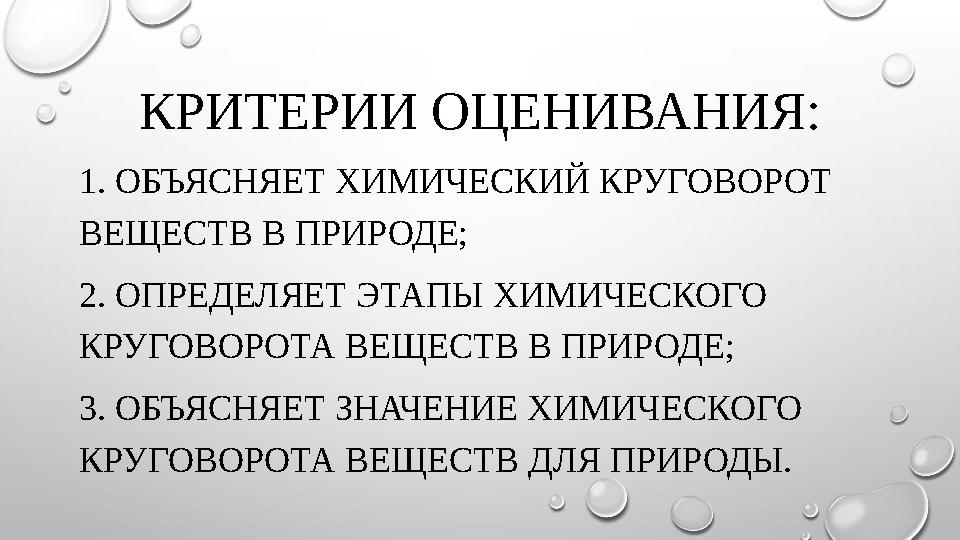 КРИТЕРИИ ОЦЕНИВАНИЯ: 1. ОБЪЯСНЯЕТ ХИМИЧЕСКИЙ КРУГОВОРОТ ВЕЩЕСТВ В ПРИРОДЕ; 2. ОПРЕДЕЛЯЕТ ЭТАПЫ ХИМИЧЕСКОГО КРУГОВОРОТА ВЕЩЕСТВ