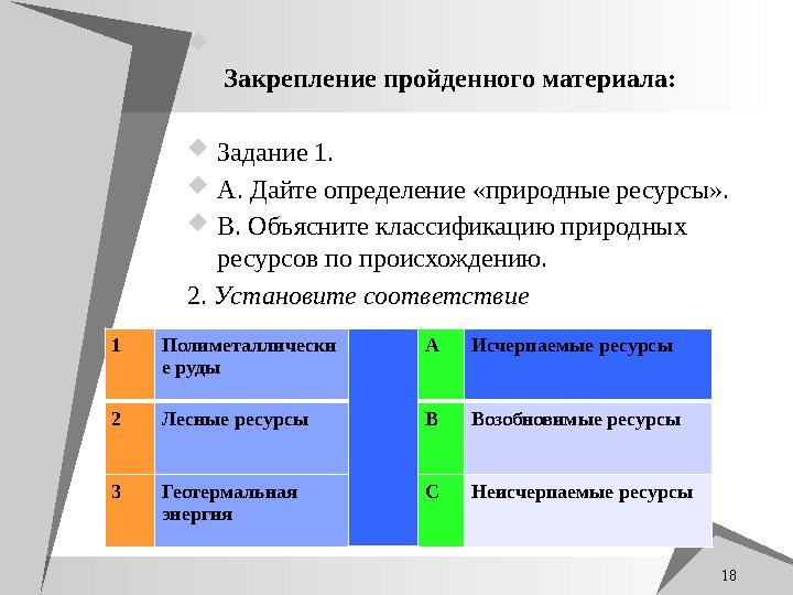  Закрепление пройденного материала: Задание 1. А. Дайте определение «природные ресурсы». В. Объясните классификацию приро
