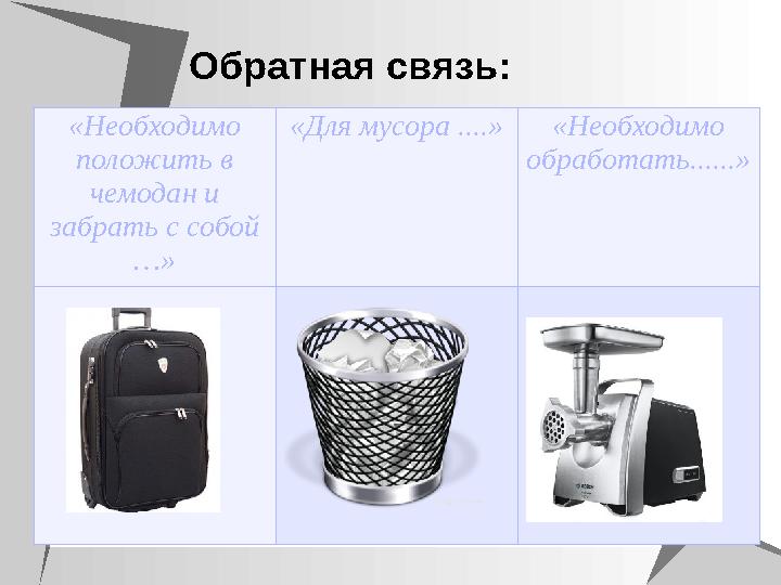 Обратная связь: «Необходимо положить в чемодан и забрать с собой …» «Для мусора ....»«Необходимо обработать......»