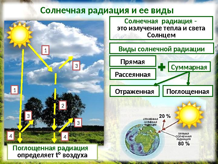 Солнечная радиация и ее виды 1 1 2 3 3 3 4 4 Поглощенная радиация определяет t° воздуха Солнечная радиация - это