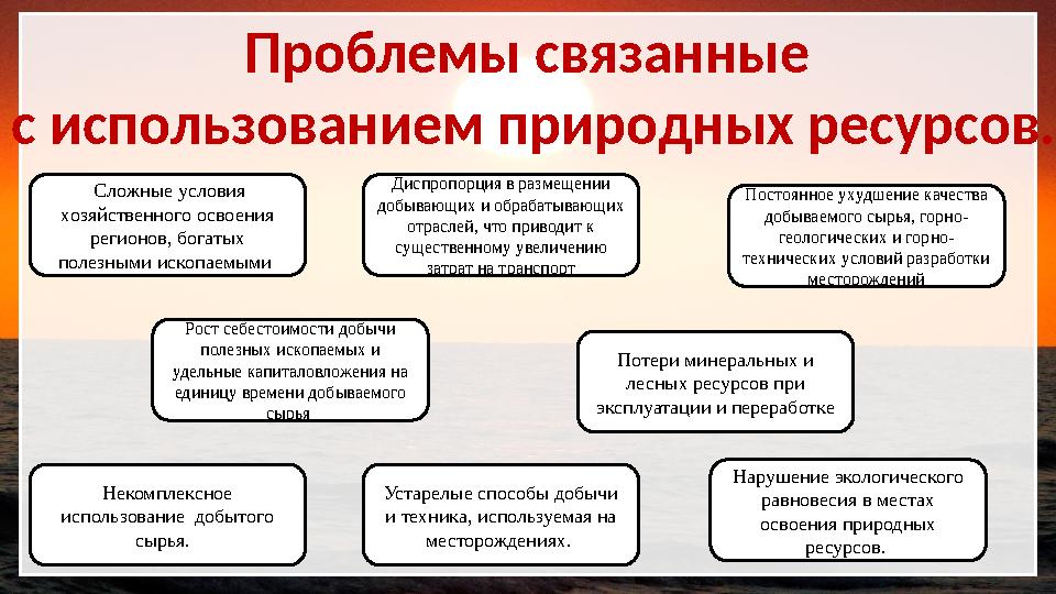 Проблемы связанные с использованием природных ресурсов. Сложные условия хозяйственного освоения регионов, богатых полезны