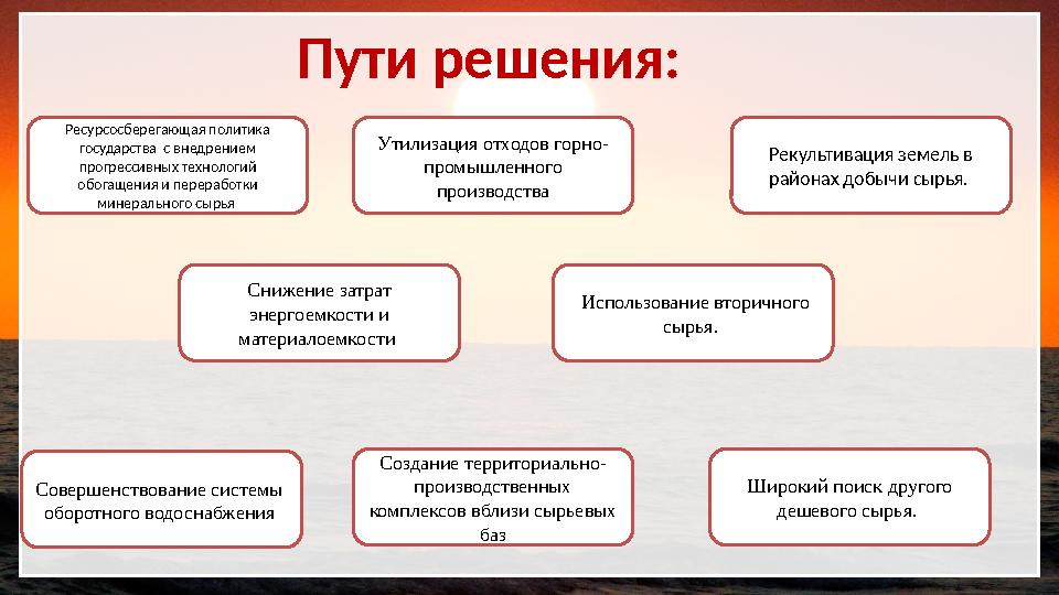 Пути решения: Ресурсосберегающая политика государства с внедрением прогрессивных технологий обогащения и переработки мине