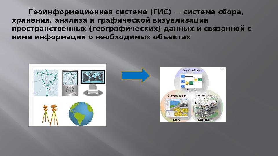 Геоинформационная система (ГИС) — система сбора, хранения, анализа и графической визуализации пространственных (географи