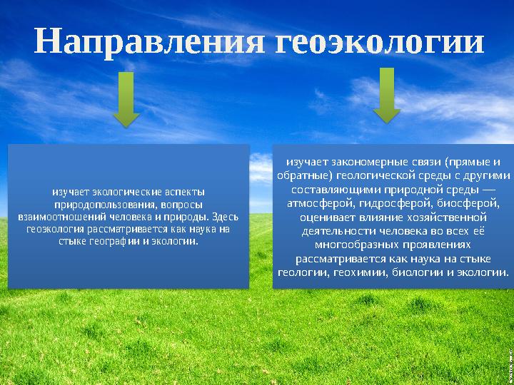 Направления геоэкологии изучает экологические аспекты природопользования, вопросы взаимоотношений человека и природы. Здесь