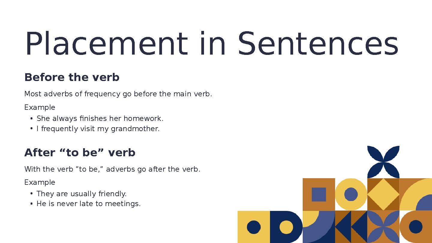 Placement in Sentences Before the verb Most adverbs of frequency go before the main verb. •She always finishes her homework. •I