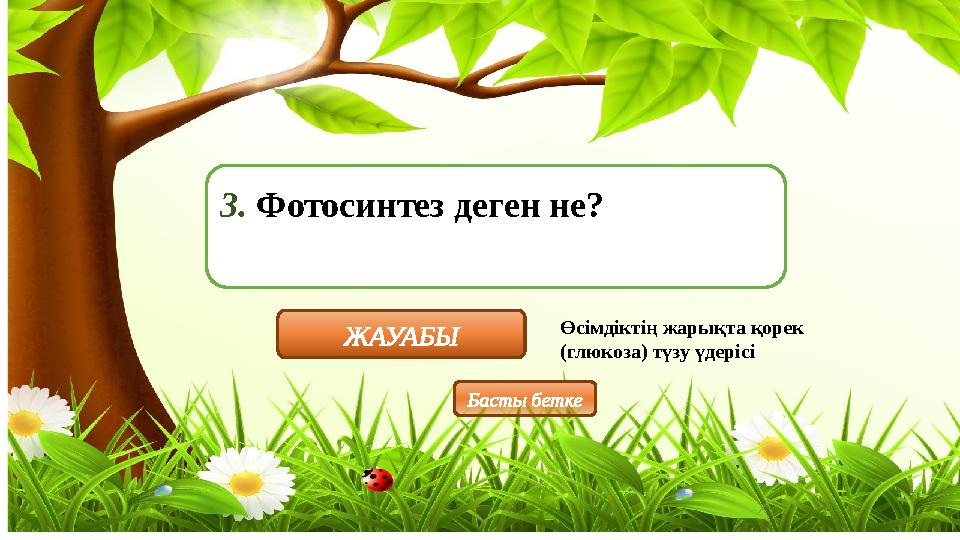 3. Фотосинтез деген не? ЖАУАБЫ Өсімдіктің жарықта қорек (глюкоза) түзу үдерісі Басты бетке