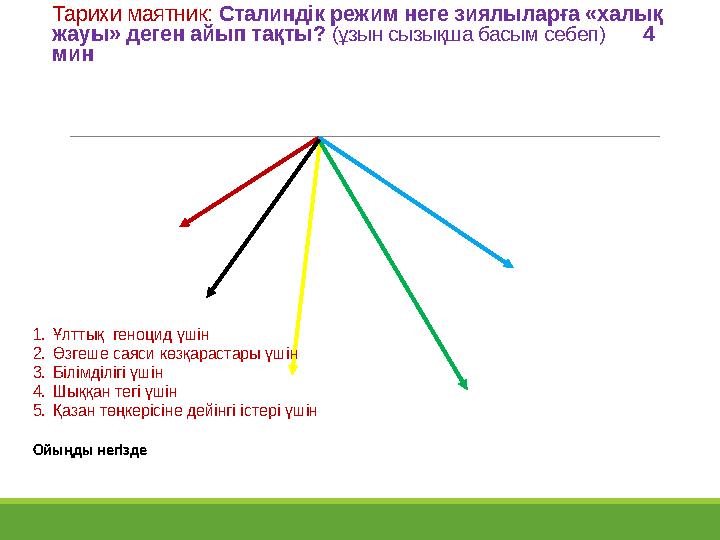 Тарихи маятник: Сталиндік режим неге зиялыларға «халық жауы» деген айып тақты? (ұзын сызықша басым себеп) 4 мин 1.Ұлттық