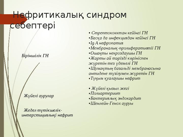 Нефритикалық синдром себептері Біріншілік ГН • Стрептококктан кейінгі ГН •Басқа да инфекциядан кейінгі ГН •Ig A н