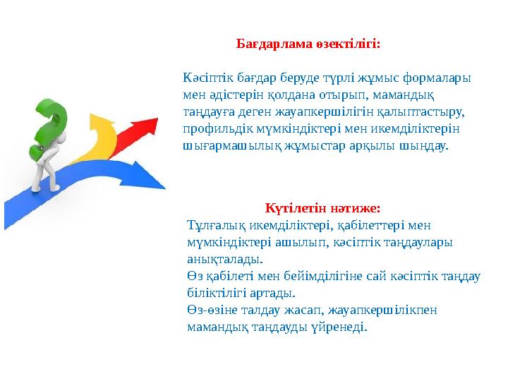 Бағдарлама өзектілігі: Кәсіптік бағдар беруде түрлі жұмыс формалары мен әдістерін қолдана отырып, мамандық