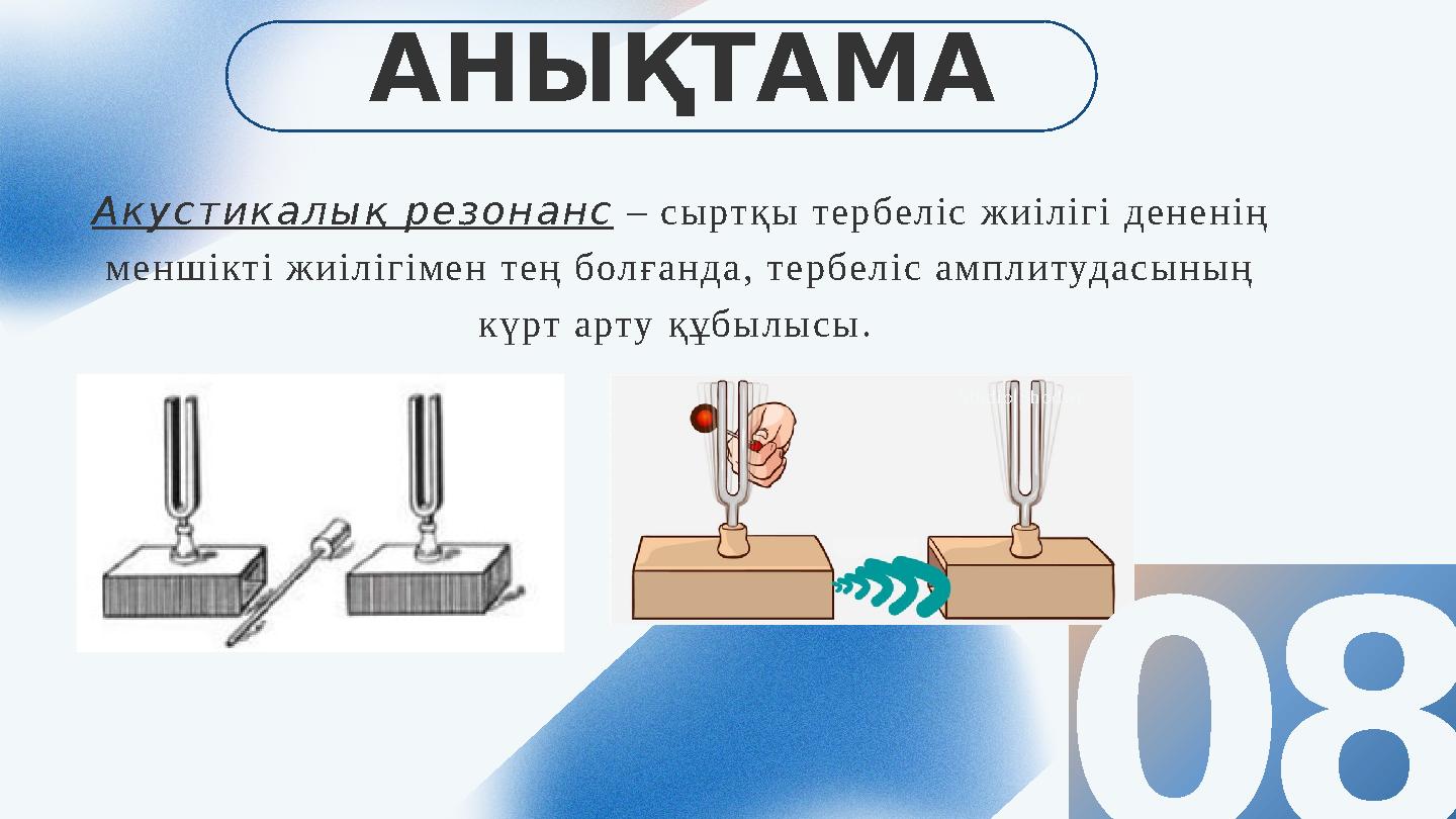 Studio Shodwe Project. 08 АНЫҚТАМА Акустикалық резонанс – сыртқы тербеліс жиілігі дененің меншікті жиілігімен тең болғанда, тер