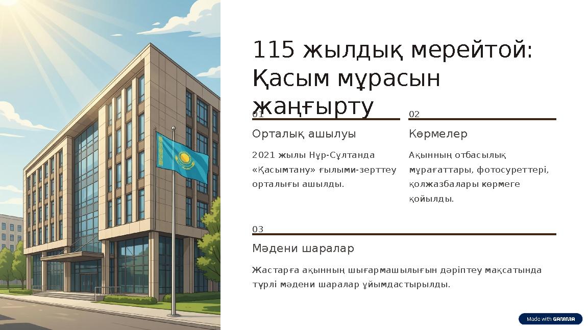 115 жылдық мерейтой: Қасым мұрасын жаңғырту 01 Орталық ашылуы 2021 жылы Нұр-Сұлтанда «Қасымтану» ғылыми-зерттеу орталығы ашы