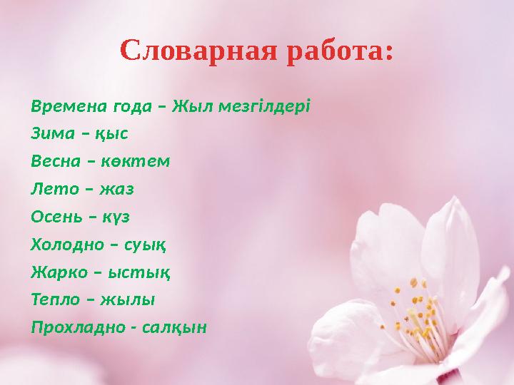Словарная работа: Времена года – Жыл мезгілдері Зима – қыс Весна – көктем Лето – жаз Осень – күз Холодно – суық Жарко – ыстық Те
