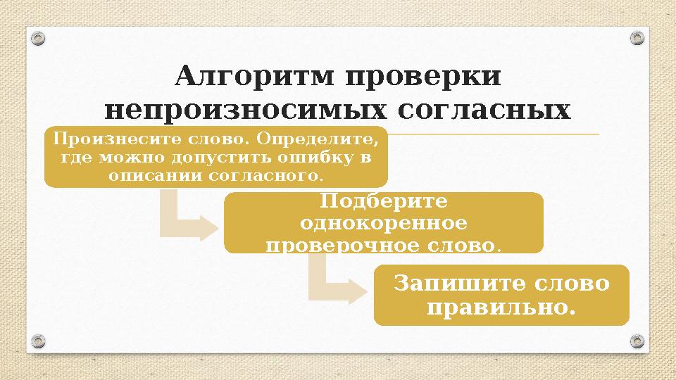 Алгоритм проверки непроизносимых согласных Произнесите слово. Определите, где можно допустить ошибку в описании согласного .