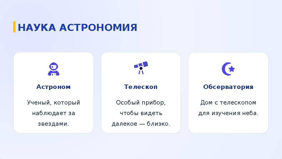 Астроном Ученый, который наблюдает за звездами. Телескоп Особый прибор, чтобы видеть далекое — близко. Обсерватория Дом с те