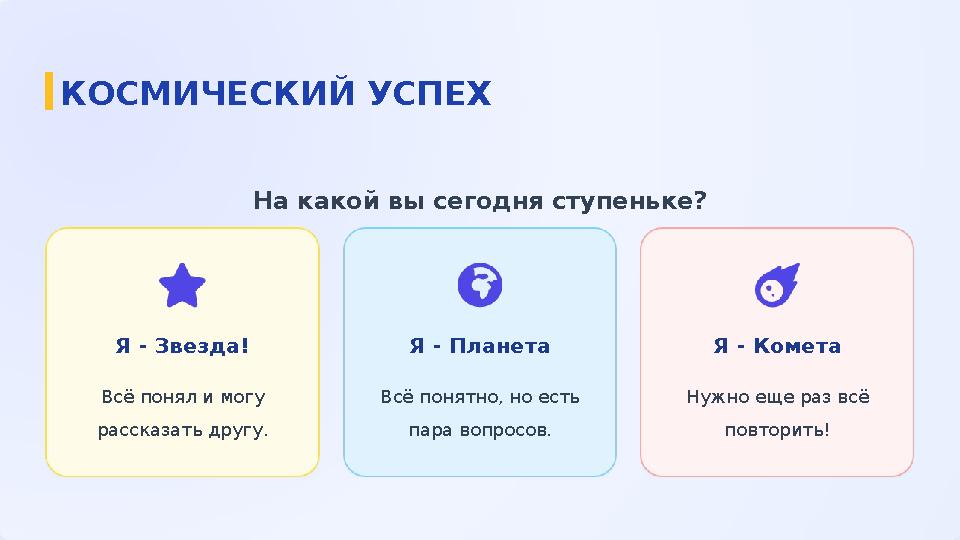 На какой вы сегодня ступеньке? Я - Звезда! Всё понял и могу рассказать другу. Я - Планета Всё понятно, но есть пара вопросов.